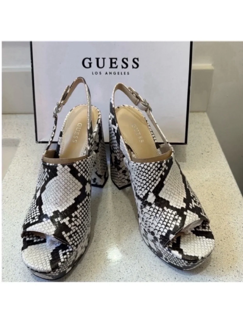 GUESS Snake-Print Platform Slingback Heels in Black & White